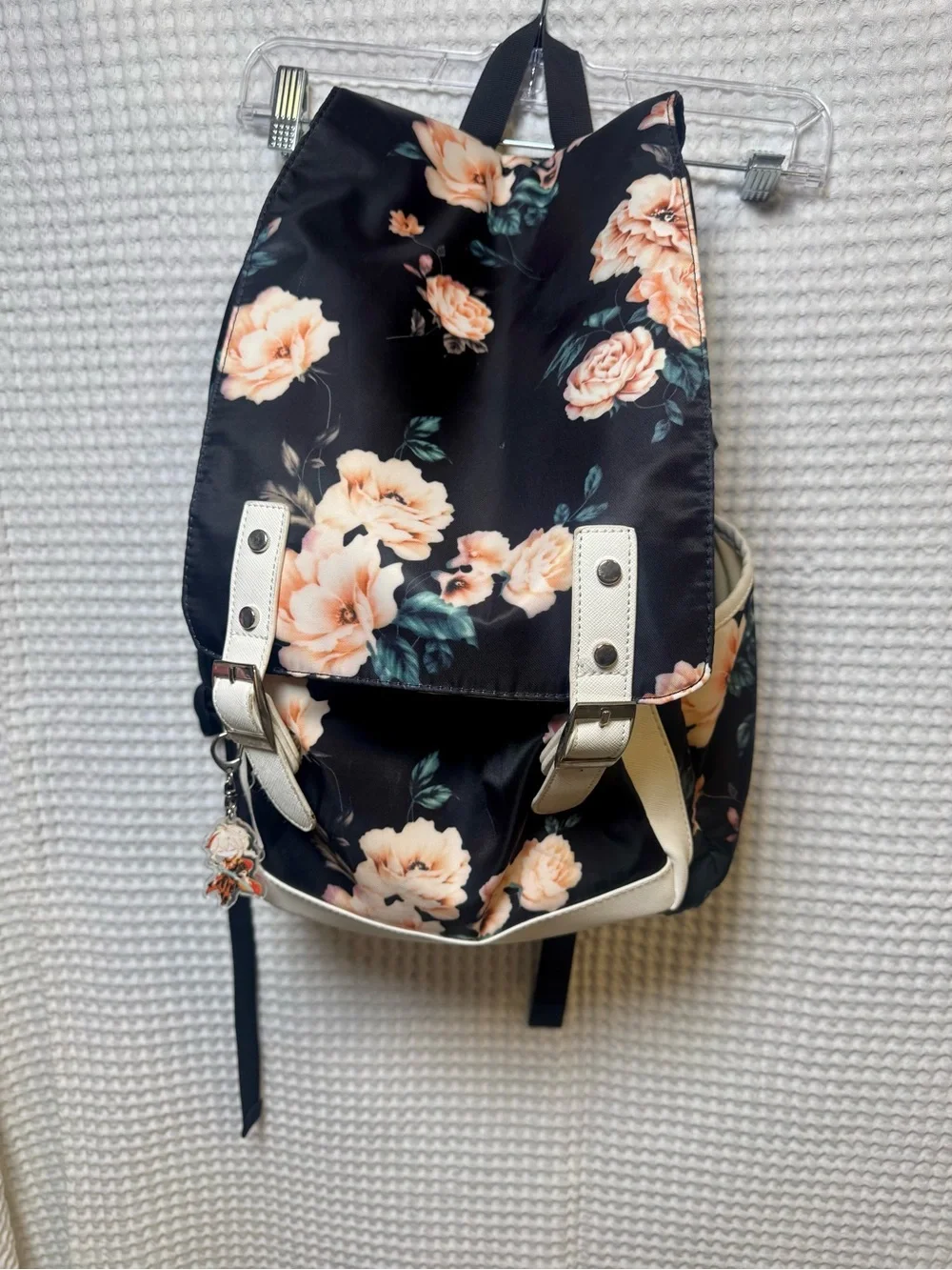 Floral USB Charging Tech Backpack Black with Peach Roses